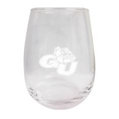 a clear wine glass with the word gou on it's side and a white logo