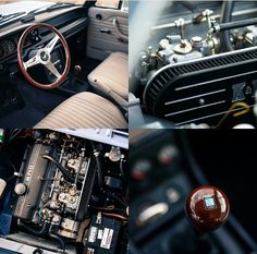 there are pictures of the inside of an old car and it's dashboards