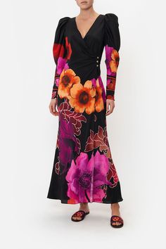 Luxury Floral Print Midi Wrap Dress, Luxury Floral Embroidered Long Sleeve Kaftan, Stylish Formal Dresses, Chic Luxury V-neck Floral Print Dress, Luxury V-neck Maxi Dress With Vibrant Print, Sheer Maxi Skirt, Dramatic Sleeves, Luxury Floral Print V-neck Wrap Dress