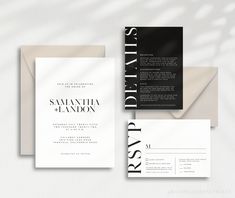 an elegant black and white wedding suite with matching envelopes, rsp card and guest information