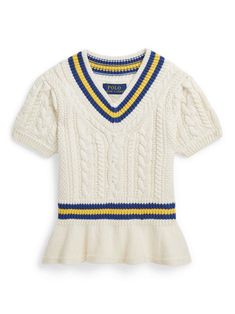 cream white/navy blue/banana yellow cotton knitted construction cable knit ribbed knit stripe detailing V-neck short sleeves peplum hem Preppy Tops, Girls Designer Clothes, Peplum Sweater, Polo Ralph Lauren Kids, Chambray Shirt Dress, Casual Preppy Outfits, Ralph Lauren Kids, Peplum Hem, Knitting For Kids