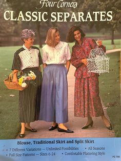 three women standing next to each other in front of a sign that says four contes classic separates