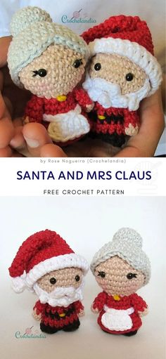 crocheted santa and mrs claus amigurt pattern is shown in two different sizes