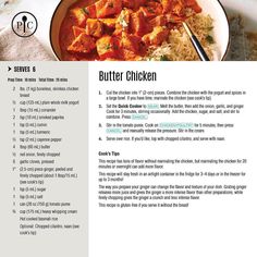 the recipe for butter chicken is shown in this brochure, with instructions to make it