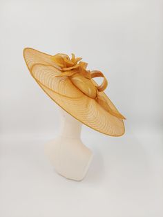 Stunning wide brimmed fascinator in goldenrod Gold Fascinator, Kentucky Derby Hats, Handmade Hat, Wedding Hats, Derby Hats, Hat Shop, Wide Brimmed, Hat Band, Kentucky Derby