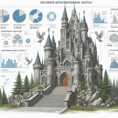 a drawing of a castle surrounded by trees and other information about the building structure in which it is built