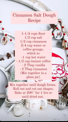 the recipe for cinnamon salt dough is shown in pink and white, with red accents