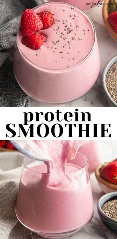 a smoothie with strawberries and chia seeds on the side is shown in two separate images