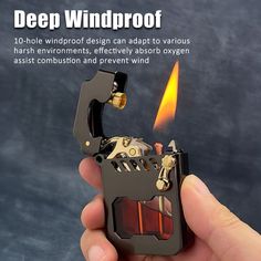 a hand holding a black lighter with yellow flame in it's mouth and the words deep windproof written below