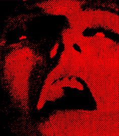 a red and black photo of a man's face with his mouth open in front of him