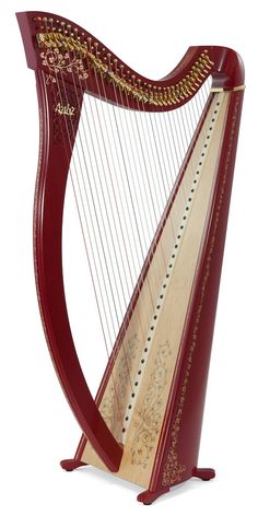 a red and gold harp with strings on it's sides, in front of a white background