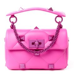 This is an authentic VALENTINO GARAVANI Nappa Lacquer Monochrome Small Roman Stud Shoulder Bag in Pink PP. This bag is crafted of quilted hot pink lambskin leather with oversized lacquered pink studs throughout. The bag features a matching pink chain shoulder strap and a studded leather top handle. The twist-lock opens to a smooth leather interior with a patch pocket. Pink Chain, Shoulder Bag Pink, Designer Shopping, Studded Purse, Pink Studs, Dream Bags, Handbag Heaven, Fancy Bags, Bag Shop