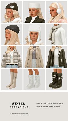 an advertisement for winter essentials with many different outfits