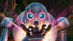 an animated robot with glowing eyes and hands in front of a background that looks like it is looking at something