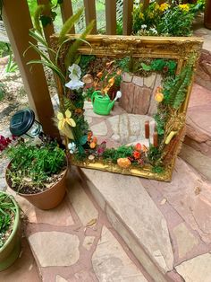 there is a mirror with plants in it on the ground next to potted plants