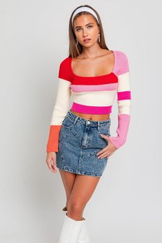 Find the on the On Repeat Red Colorblock Cropped Sweater at BohoPink.com! Cute colorblock sweater with square neckline and long sleeves. Express shipping available! Color Block Design, Pink Boho, Striped Crop Top, Long Sleeve Knit Tops, Color Block Sweater, Knit Crop Top, Block Design, Knit Crop, Color Stripes