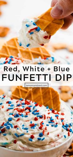 red, white and blue funfetti dip in a bowl