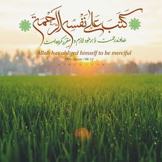 an image of the sun setting over some green grass with arabic writing on it, in front of a sunset