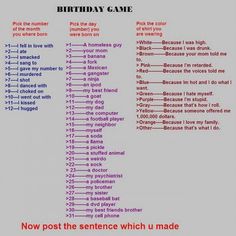 the birthday game is written in pink and red on a white background with words below it