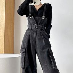 Black Denim Wide Overalls - Pastel Kitten Black Denim Jumpsuit, Womens Denim Jumpsuit, Vintage Playsuit, Casual Chic Outfits, Diy Vetement, Black Overalls, Looks Black, Casual Stylish, Casual Chic Outfit