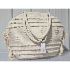 Appx 15.5" Tall X 21.25" Wide X 7" Deep Cotton Outer Material, Knit & Fringe Accents Tag Listed Color Is Off White Single Compartment Style W/ Large Slide-In Interior Pocket Please Message With Any Questions About Measurements, Material, Etc New With The Tags White Woven Hobo Bag For Travel, Large White Bags For Vacation, Large White Vacation Bag, Large White Vacation Bags, White Satchel With Top Carry Handle For Beach, White Satchel With Braided Handles For Travel, White Hobo Bag With Top Carry Handle For Travel, White Shoulder Beach Bag With Top Carry Handle, White Tote Weekender Bag With Top Carry Handle