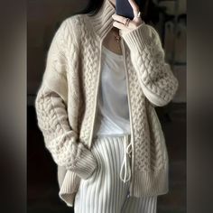 Thick Turtleneck Knitted Cardigan Women's Loose Wool Sweater Cardigan Plus Size Top Cashmere Cable Knit Sweater Coat, Knitted Long Sleeve Outerwear For Layering, Beige Knitted Sweater Coat, Casual Knitted Cashmere Cardigan, Classic Chunky Knit Outerwear, Cardigan Casual, Knitting Women Cardigan, Zippered Sweater, Beige Cardigan