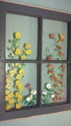 Flowers painted on old window Painting Flowers On Glass Windows, Painted Window Frames Bedroom, Flower Painting On Glass Frame, Flowers Painted On Glass Window, Butterfly Window Art, Spring Window Painting Ideas, Flower Window Painting