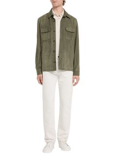 "Find LORO PIANA Solid Suede Overshirt on Editorialist. Loro Piana overshirt in solid calf suede. Approx. length: 29\"L Spread collar; button front. Two flap pockets at chest. Button cuffs. Yoked back shoulders. Dry clean. Made in Italy." Leather Collared Top With Pockets, Casual Leather Shirt For Fall, Casual Collared Leather Tops, Casual Long Sleeve Leather Top, Leather Button-up Top With Pockets, Casual Leather Tops With Pockets, Men Logo, Loro Piana Men, Back Shoulder