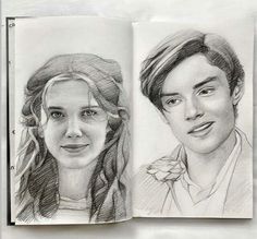 an open book with two drawings of people on the pages and one drawing of a woman's face