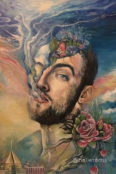 a painting of a man's face with flowers in his hair and clouds above him