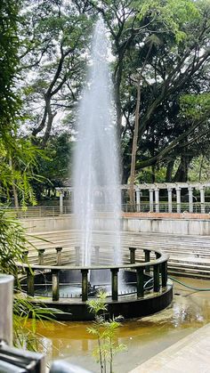 a large fountain spewing water into the air in front of trees and benches