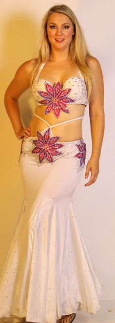 White BDS Couture Two-Piece Costume. White Fitted Party Sets, Fitted White Party Set, Fitted White Set For Party, Egypt Queen, Beaded Scarf, Beaded Skirt, Hip Scarves, White Cups, Fringe Dress