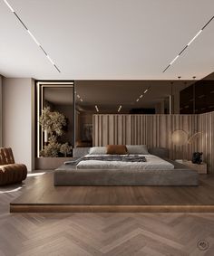 a large bed sitting on top of a wooden floor