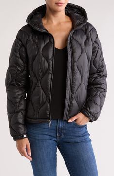 Stay warm in this water-resistant quilted puffer jacket featuring a cozy drawcord hood and secure zip pockets. 23 1/2" length (size Medium) Front zip closure Drawcord-toggle hood Adjustable snap cuffs Front zip pockets Nylon lining, with recycled polyester fill 100% nylon Dry clean or machine wash, tumble dry Imported Black Down Puffer Jacket With Zipper, Black Down Puffer Jacket With Zipper Closure, Black Quilted Long Sleeve Hooded Jacket, Long-sleeve Nylon Puffer Jacket With Double-lined Hood, Nylon Puffer Jacket With Double-lined Hood, Black Hooded Puffer Quilted Jacket, Black Hooded Nylon Quilted Jacket, Black Down Puffer Jacket With Drawstring Hood, Black Quilted Hooded Jacket For Winter