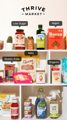 shelves filled with different types of food and condiments