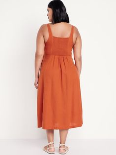 Fit & Flare Linen-Blend Midi Dress | Old Navy Vacation Midi Dress With Smocked Back And Straight Neckline, Square Neck Sundress With Ruched Bodice, Sundress With Smocked Bodice And Straight Neckline, Sleeveless Solid Midi Dress With Ruched Bodice, Vacation Dress With Smocked Back And Straight Neckline, Solid Sleeveless Midi Dress With Ruched Bodice, Casual Maxi Dress With Fitted Bodice And Square Neck, Daywear Dress With Sweetheart Neckline And Smocked Back, V-neck Dress With Smocked Back And Fitted Bodice