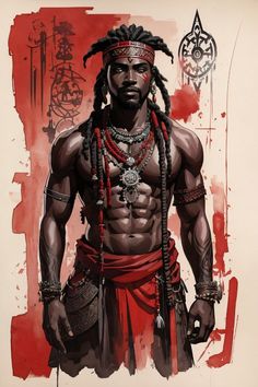 a drawing of a man with dreadlocks on his head and chest wearing a red outfit