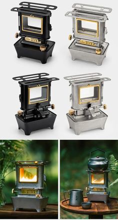 four different views of an outdoor stove that is lit up and ready to be used