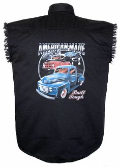 an american made truck jacket with fringes on the sleeves and back, featuring two classic trucks