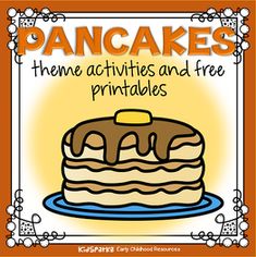 a poster with the words pancakes and an image of a piece of cake on it