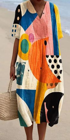 😍Love These Retro Abstract Art V-Neck Short Sleeve Dress.🤗 Line Pattern Art, Geometric Line Pattern, Abstract Watercolor Flower, Casual Cotton Dress, Paint Shirts, Line Pattern, Painted Clothes, Patchwork Dress, Art Dress