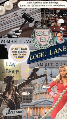 the collage shows images of women in law, law enforcement, and law books