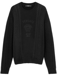 black cable knit Medusa Head motif embroidered logo to the front crew neck long sleeves ribbed cuffs and hem Milan Outfits, Versace Sweater, Printed Silk Shirt, Medusa Head, Cable Knit Jumper, Grey Knit Sweater, Beige Sweater, Sweater Making, Knit Shirt