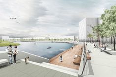 an artist's rendering of a waterfront with people walking on it