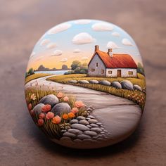 a painted rock sitting on top of a wooden table next to a painting of a house