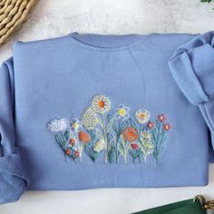 Embroidered Custom Sweatshirts, Wildflowers Embroidered Sweatshirt 2D Crewneck Sweatshirt Gift For Family, Christmas Gift Embroidered Christmas Gifts, Unique Embroidery Designs, Embroidered Apparel, Embroidered Christmas, Embroidery Sweatshirt, Embroidered Crewneck, Personalized Embroidery, Embroidered Clothes, Embroidered Sweatshirt