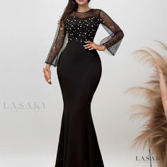 Lasaky - Elegant Solid Color Mesh Sequin Patchwork Empire Waist Long Slim Evening Dress Long Sleeve Evening Dress With Lace Patchwork, Long Sleeve Lace Patchwork Evening Dress, Long Sleeve Spliced Evening Dresses, Elegant Long Sleeve Spliced Dress, Long Sleeve Maxi Dress With Lace Patchwork For Evening, Elegant Long Sleeve Patchwork Maxi Dress, Elegant Long Sleeve Patchwork Dresses, Black Long Sleeve Maxi Dress With Lace Patchwork, Party Maxi Dress With Lace Patchwork And Long Sleeves