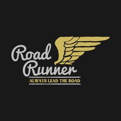 the road runner logo is shown in yellow and white, with wings on black background