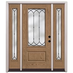 a wooden door with two sidelights and glass panels on the top half of it