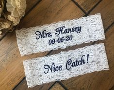 Personalized / Monogrammed Embroidered WHITE Lace Wedding and Toss Garters. Something Blue Nice Catch Garter / You're Next - Etsy Personalized Wedding Garter, Ivory Bride, Bridal Garter Lace, Garter Toss, You're Next, Light Blue Roses, Bride Lingerie, Bridal Garters Set, Wedding Garter Set